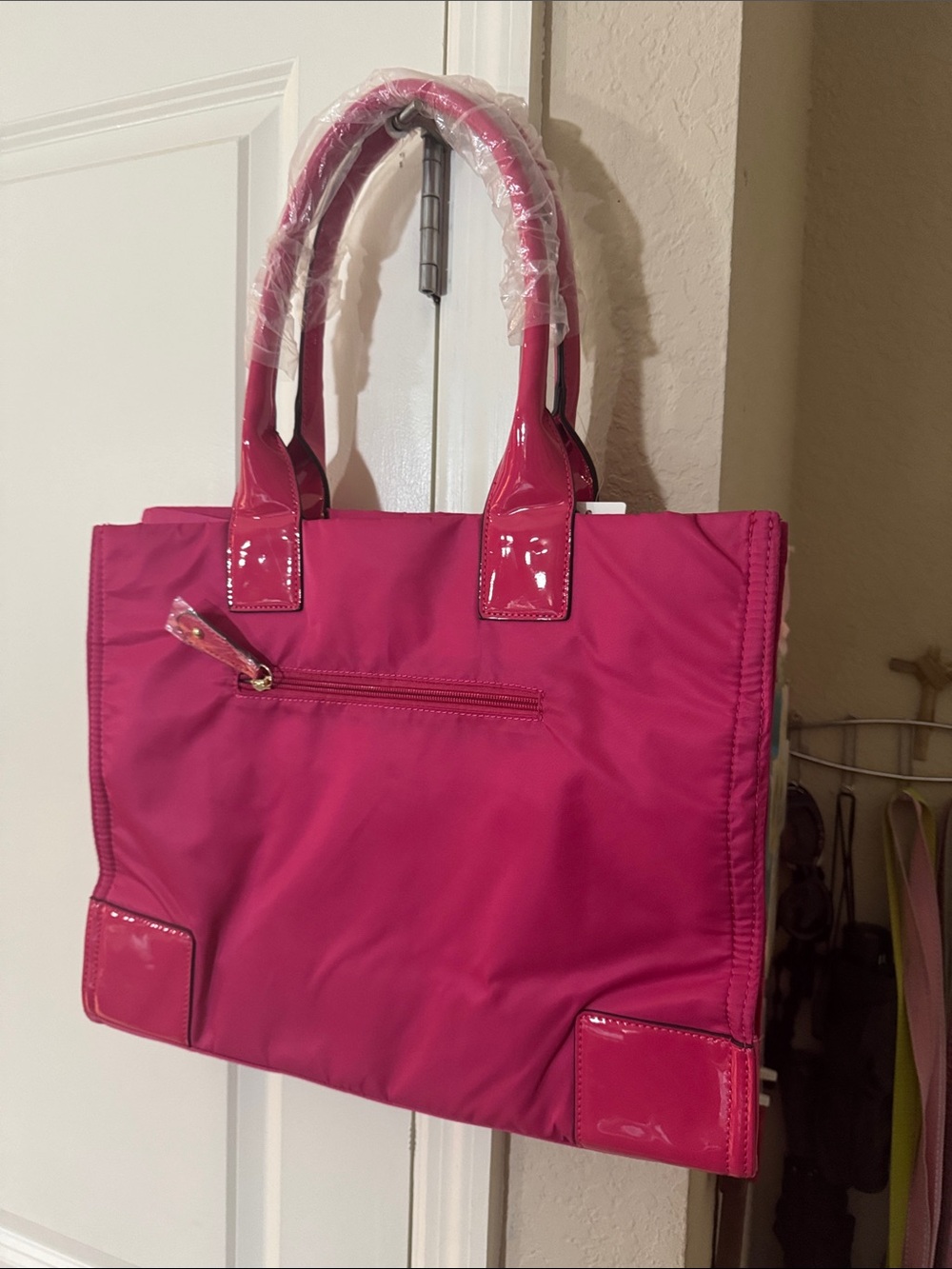 TB Vibrant Pink Logo Tote with Patent Accents - Picture 2 of 5